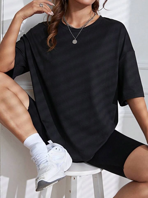 SHEIN EZwear Solid Drop Shoulder Tee | SHEIN UK