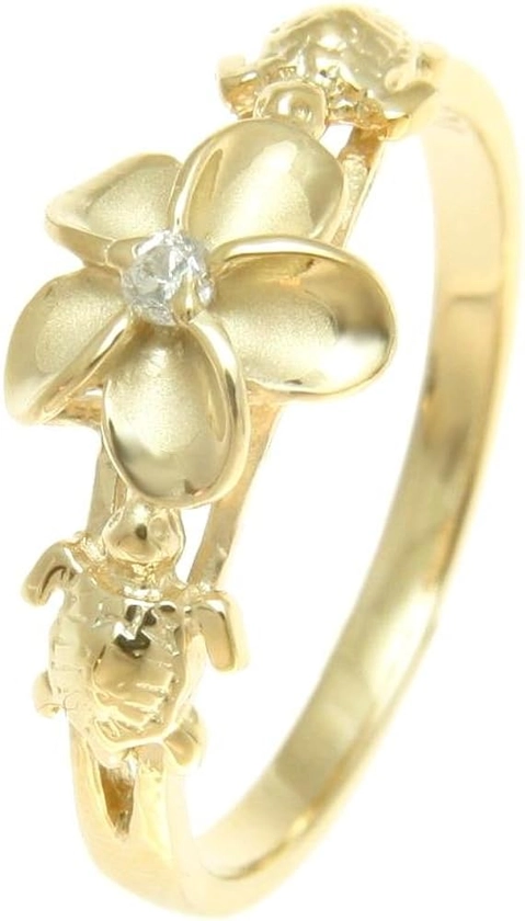 Arthur's Jewelry Yellow gold plated sterling silver 925 Hawaiian plumeria flower cz sea turtle ring size 3 to 10