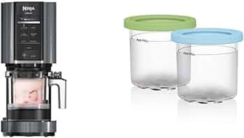 Ninja NC299AMZ CREAMi Ice Cream Maker, Matte Black & XSKPLID2CD Pints 2 Pack, Compatible with NC299AMZ & NC300s Series Creami Ice Cream Makers, BPA-Free & Dishwasher Safe, Lime & Aqua Lids, 1