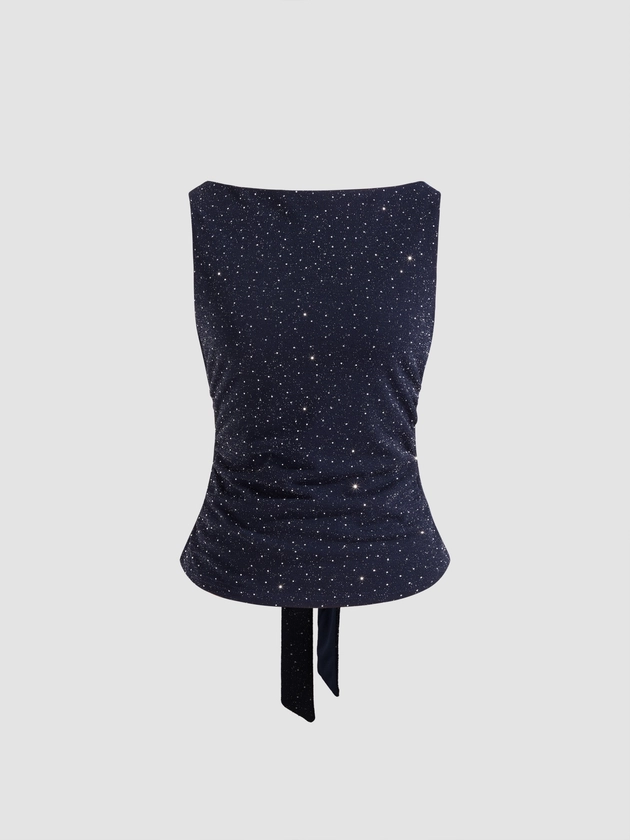 Knit Fabric Boat Neck Rhinestone Knotted Tank Top For Work