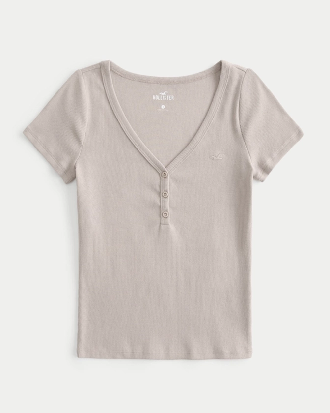 Women's Ribbed Short-Sleeve Icon Henley | Women's Tops | HollisterCo.com