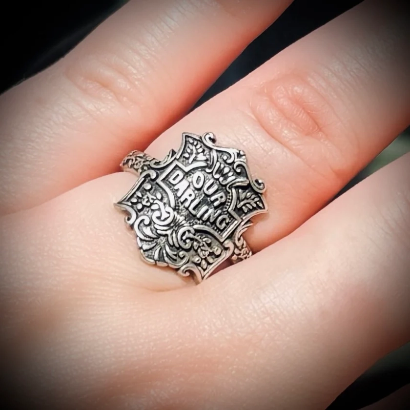 Our Darling CasketPlaque Ring Antiqued Sterling Silver