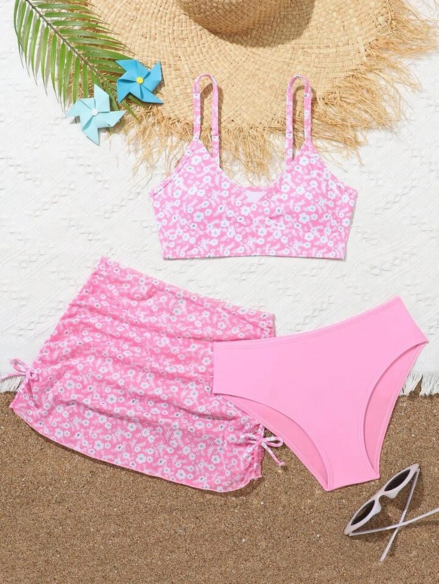 3pcs/Set Tween Girls' Random Floral Print Bikini Swimsuit Set