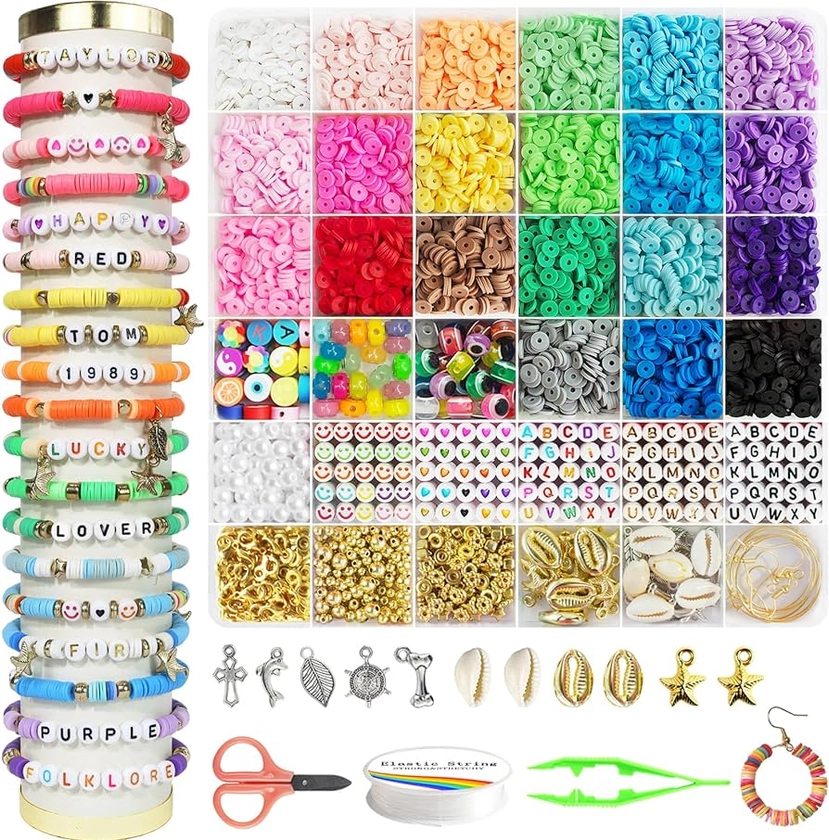 Dazhqp 6200 Pcs Clay Beads Bracelet Making Kit, Friendship Bracelet Kits, 6mm Heishi Flat Round Polymer Clay Beads for Bracelet Necklace Earring Making, DIY Crafts Gift for Teen Girls