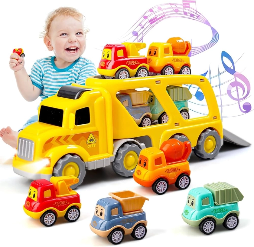 Daioller Jouets Camion de Transport, Camion de Construction avec 4 Voitures de Dessin animé à Tirer, Camion à inertie pour Enfant, véhicules d'ingénierie de la Ville avec Son et lumière Clignotante : Amazon.fr: Jeux et Jouets