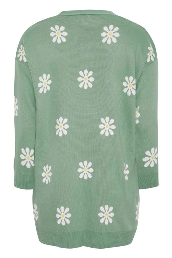 Plus Size Curve Mint Green Floral Print Knitted Cardigan