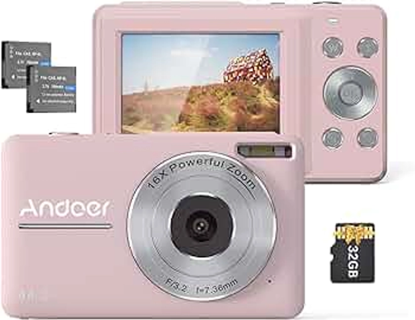 Andoer Digital Camera Pink Digital Camera With 2Pcs Rechargeable Batterie 32Gb Memory Card 1080P 44M Hd 16X Digital Zoom Anti-Shake Auto Focus 2.5 Ips Screen Smile Lcd Screen For Kids Children Holiday