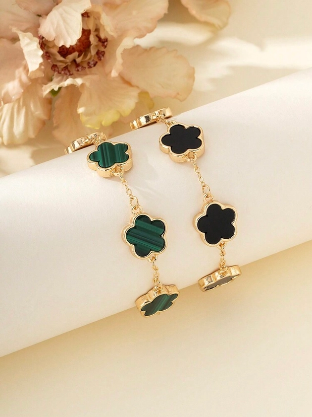 2pcs Fashionable Classic Black & Green Clover Bracelet Set