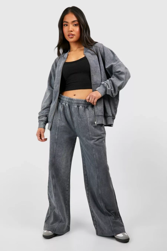 Petite Washed Zip Through Bomber Straight Leg Tracksuit