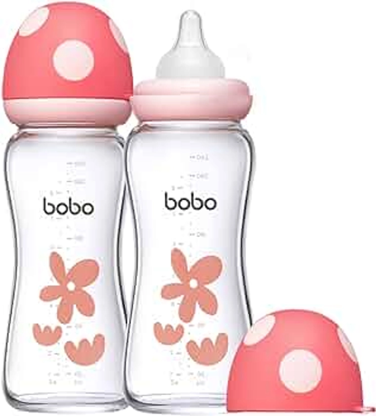 Natural Glass Baby Bottle with Natural Response Nipple, Newborn Anti-Colic Baby Bottles, Wide Neck Mushroom Cap Baby Bottle, Clear (8.8oz (Pack of 2), Red)