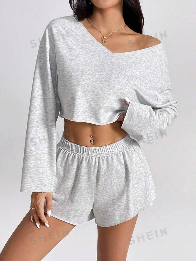 SHEIN PETITE Women's Summer Casual Solid Color Crop Top And Shorts Set