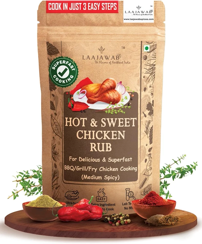 Laajawab Hot & Sweet Barbeque Marinade Rub For Superfast & Delicious Bbq, Grill Chicken Preparation | Natural Spices, Get Tender & Juicy Chicken In 10 Mins, 130 gram : Amazon.in: Grocery & Gourmet Foods