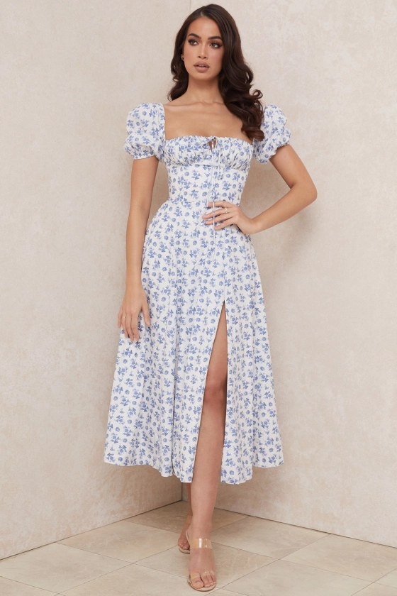 Clothing : Midi Dresses : 'Tallulah' Blue White Floral Midi Dress 