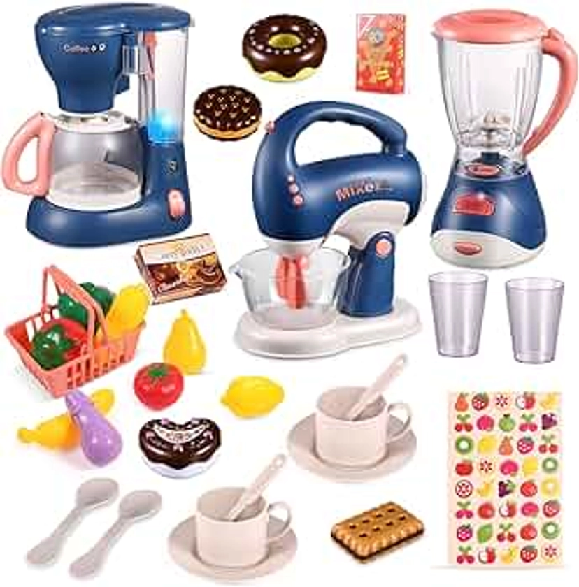 Accessoire Cuisine Enfant,Kit de Ustensile Cuisine Électroménager Enfant avec Cafetière, Mixer, Blender,Jeu de Rôle Éducatifs Cadeau pour Filles Garçons 2 3 4 Ans