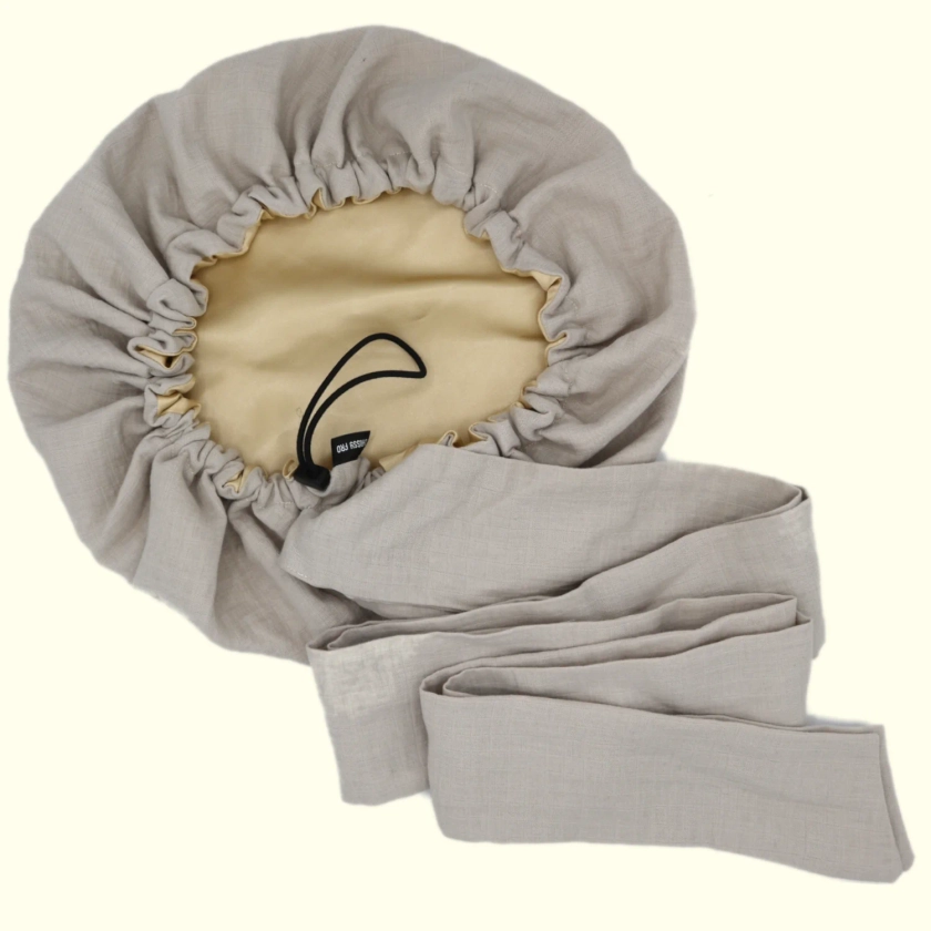 Bonnet/Turban réglable beige clair doublé en satin "Waffle" - Taille standard