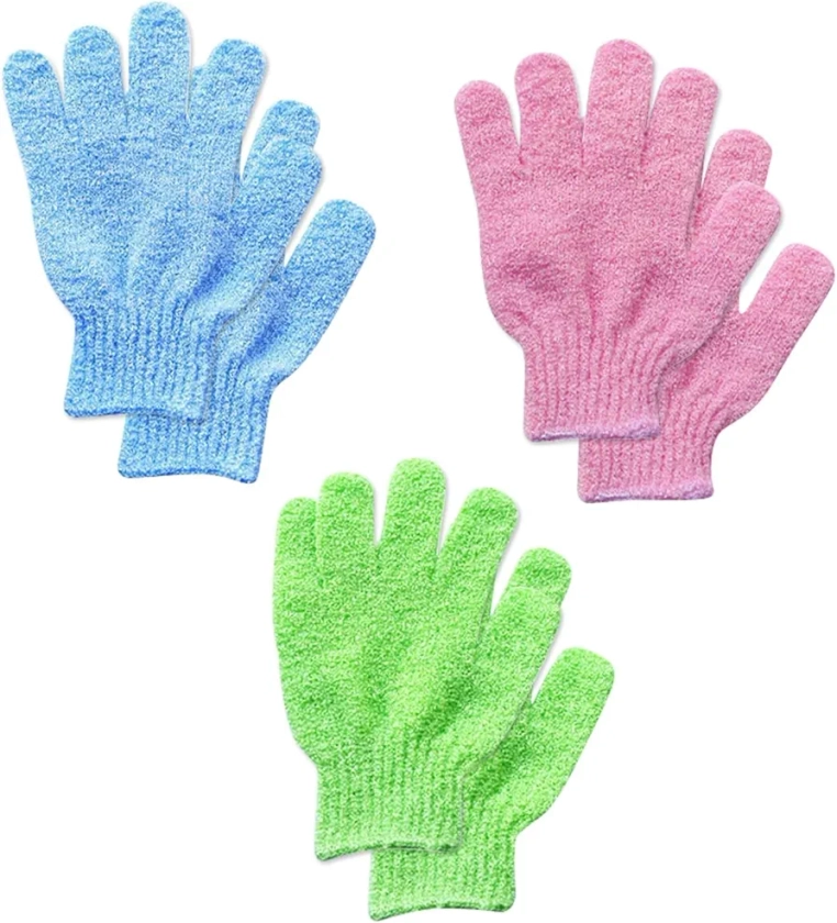 6Pcs Exfoliating Gloves - Bamboo Shower Gloves - Bath and Body Exfoliator Mitts - Scrubs Away Ingrown Hair and Dead Skin - for Shower, Spa, Massage and Dead Skin Cell Remover Loofah - Green,Blue,Pink