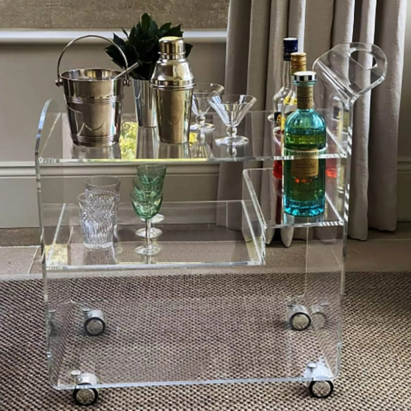 Clear Acrylic Bar Cart, 3-Tiers Kitchen Serving Cart, Rolling Trolley with Wine Rack, Mobile Storage Shelf for Living Room, Kitchen, Dining Room,80x40x80cm,Clear