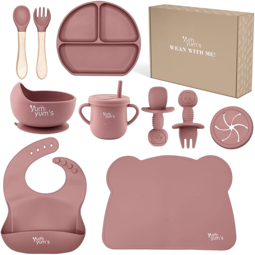 Yum Yum's Baby Weaning Set – Includes Toddler Water Bottle, Suction Cups, Suction Bowl, Spoon, Fork, Baby Plate & More - Ideal Baby Feeding Set & Baby Gifts & Present - 10 Pieces (Pink)