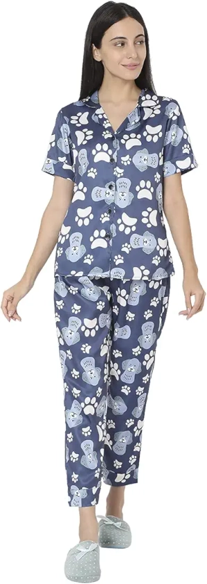 Buy SMARTY PANTS Women's Silk Satin Blue Color Dog & paw Print Night Suit. (SMNSP-475-XL) at Amazon.in