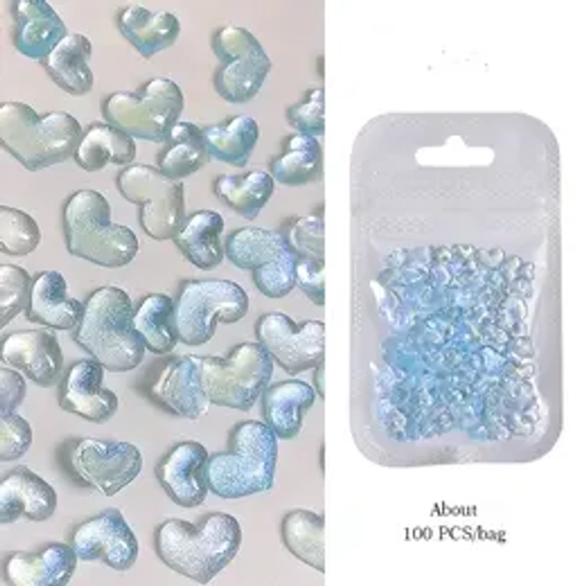 100pcs Glitter Transparent Love Heart Charms For 3D Nail Art Decoration Resin Nail Rhinestone Beads Jewelry for Manicure Design Polish