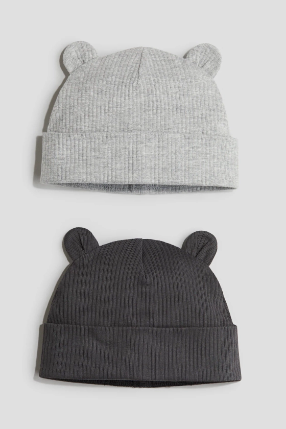 2-pack ribbed ear-detail beanies - Dark grey/Light grey marl - Kids | H&M GB