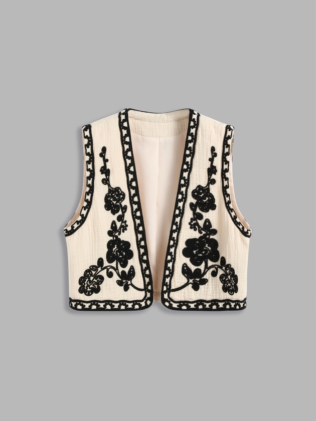 Cotton 100% Cotton V-neck Floral Contrasting Binding Jacket Vest For École