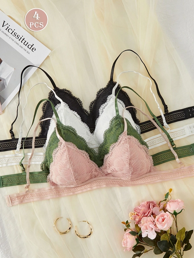4PCS Wireless Lace Bikini Scalloped Bra Underwear Lingerie | SHEIN USA