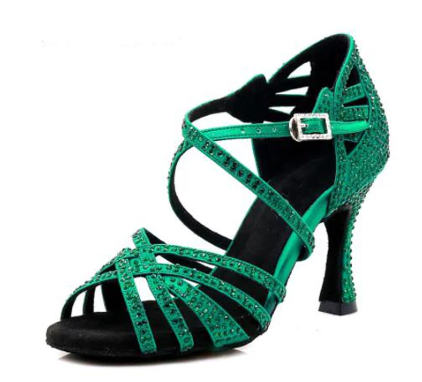 Green Rhinestone Ballroom Dancing Shoes Latin Salsa Bachata Dance Shoe