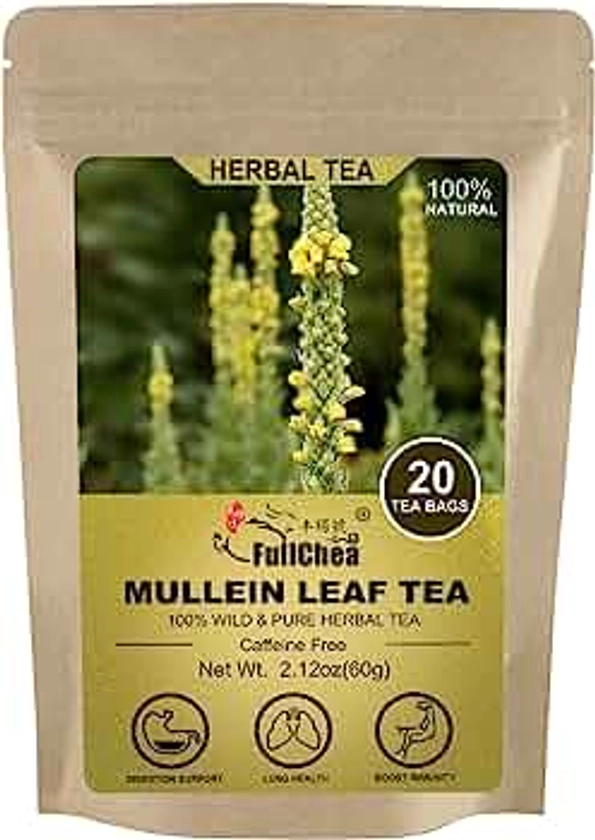 FullChea -Mullein Leaf Tea Bags, 20 Teabags, 3g/bag For Lungs - Non-GMO - Caffeine-free - Natural Healthy Herbal Tea For Detox & Respiratory Support
