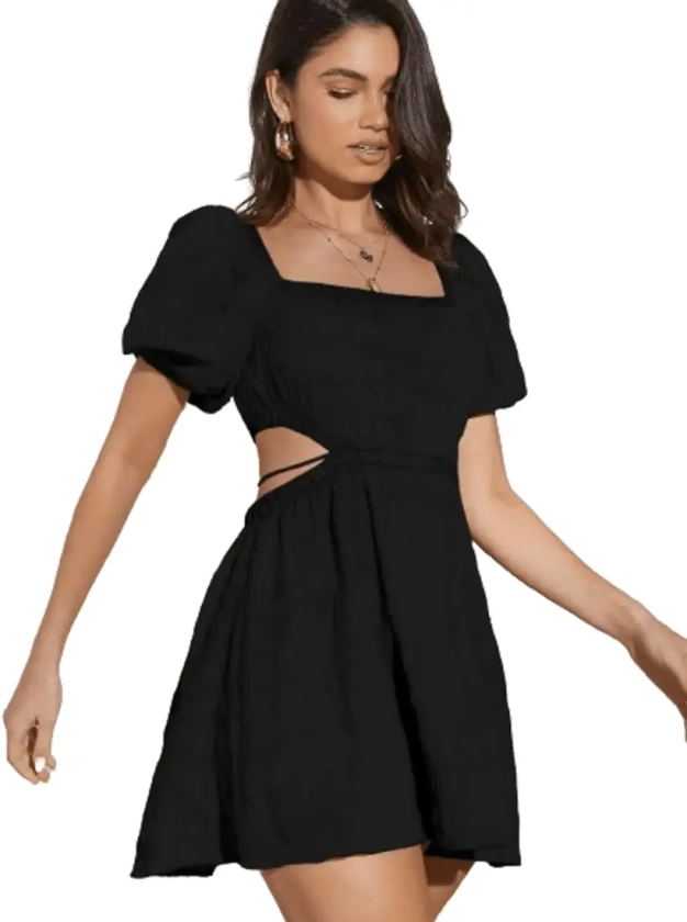 Buy Aahwan Solid Summer Beach Square Neck Puff Sleeve Cut Out Waist Black Dress for Women's & Girls (263-Black-Medium) at Amazon.in