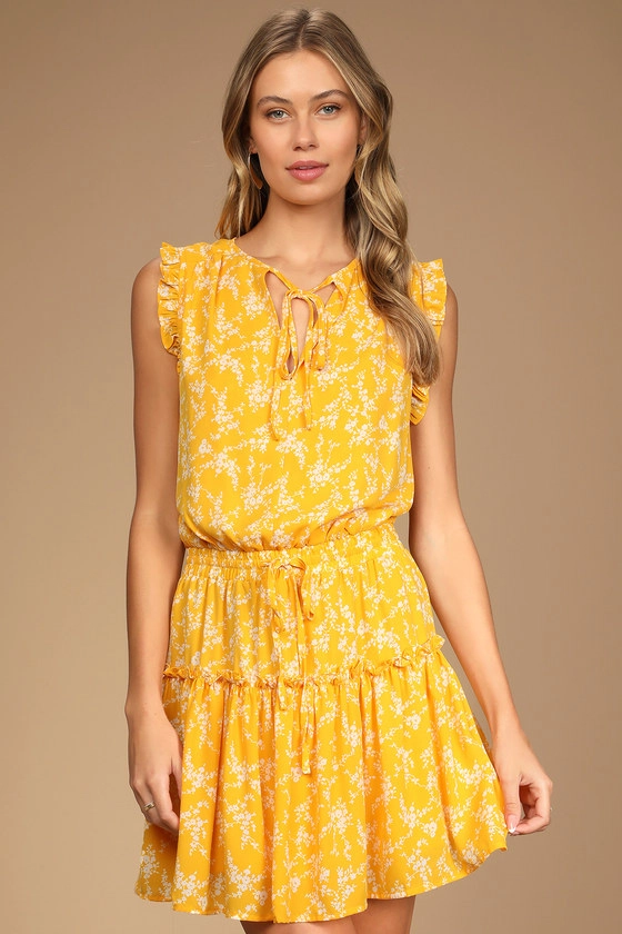 Sweet Somethings Yellow Floral Print Tiered Ruffled Mini Dress