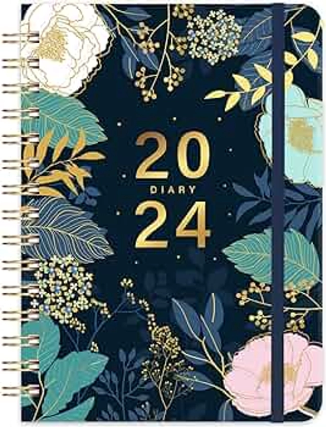 2024 Diary - 2024 Diary A5 Week to View, from January 2024 to December 2024, with Hardover and Twin-wrie Binding - Beautiful Leaves and Flowers, 21.5 x 15.5 x 1.5 cm