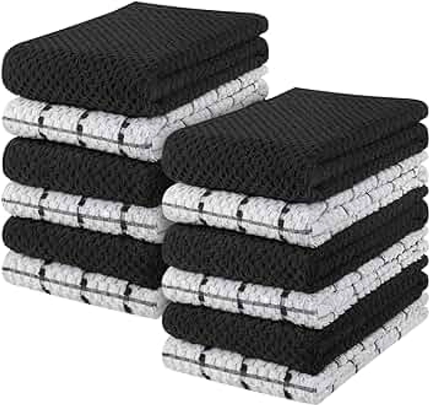 Utopia Towels - 12 Torchons de Cuisine - Serviettes de Cuisine 100% Coton - Lavable en Machine (38 x 64 cm) (Noir et Blanc)