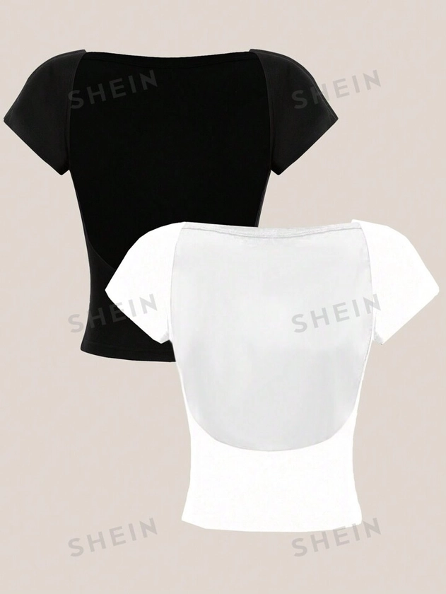 SHEIN EZwear T-shirt À Manches Courtes Et Col Rond, Dos Ouvert, Haut Court Serré, Adapté Pour L'été, 2 Pièces/ensemble
