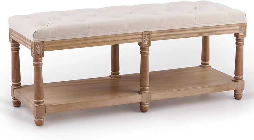 VONLUCE Ottoman Storage Bench, 115cm French Vintage Entryway Bench Shoe with Shelf Cushion and Wood Frame, Tufted Upholstered for Bedroom End of Bed Living Dining Room, Beige : Amazon.co.uk: Home & Kitchen