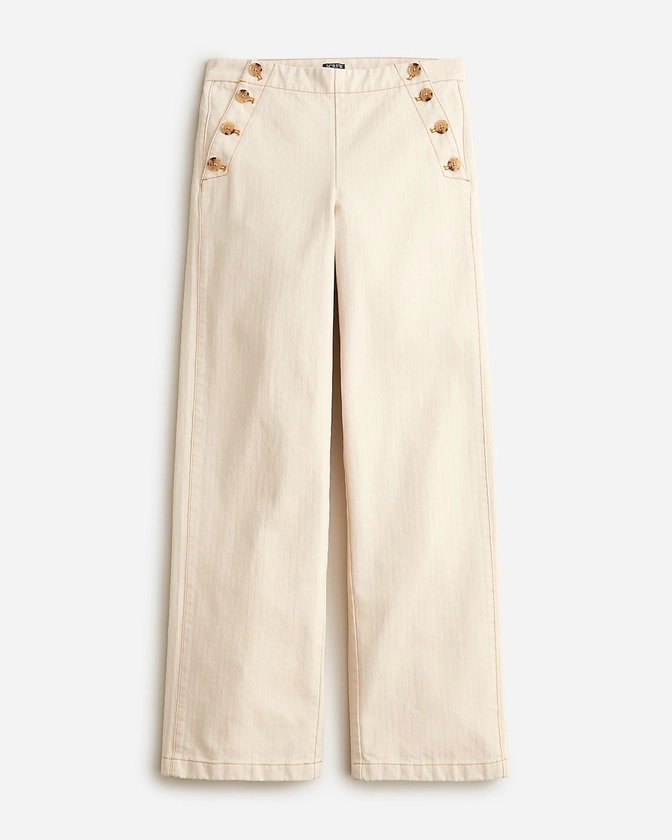 Sailor-button wide-leg pant in ecru herringbone