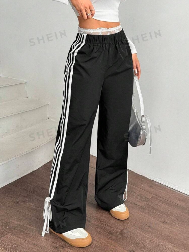 SHEIN EZwear Women Black Side Contrast White Tape Elastic Waist Pants