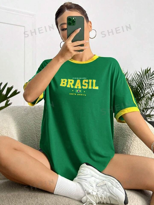 SHEIN EZwear Women's Loose Fit Casual Brazilian Flag Print T-Shirt With Round Neck And Drop Shoulder Sleeves, Summer
