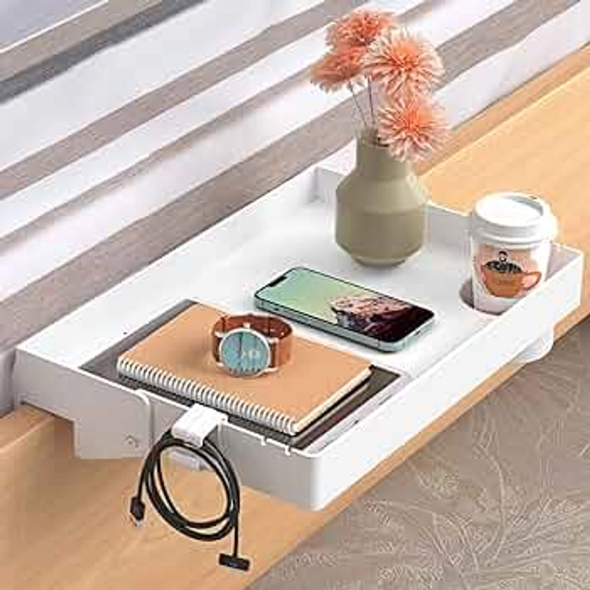 SPACELEAD Bedside Shelf for Bed, College Dorm Room Clip On Nightstand with Cup Holder & Cord Holder -Tray Table Caddy for Students, Bunk Bed Shelf for Organizer Top for Bedroom (White，Plastic)