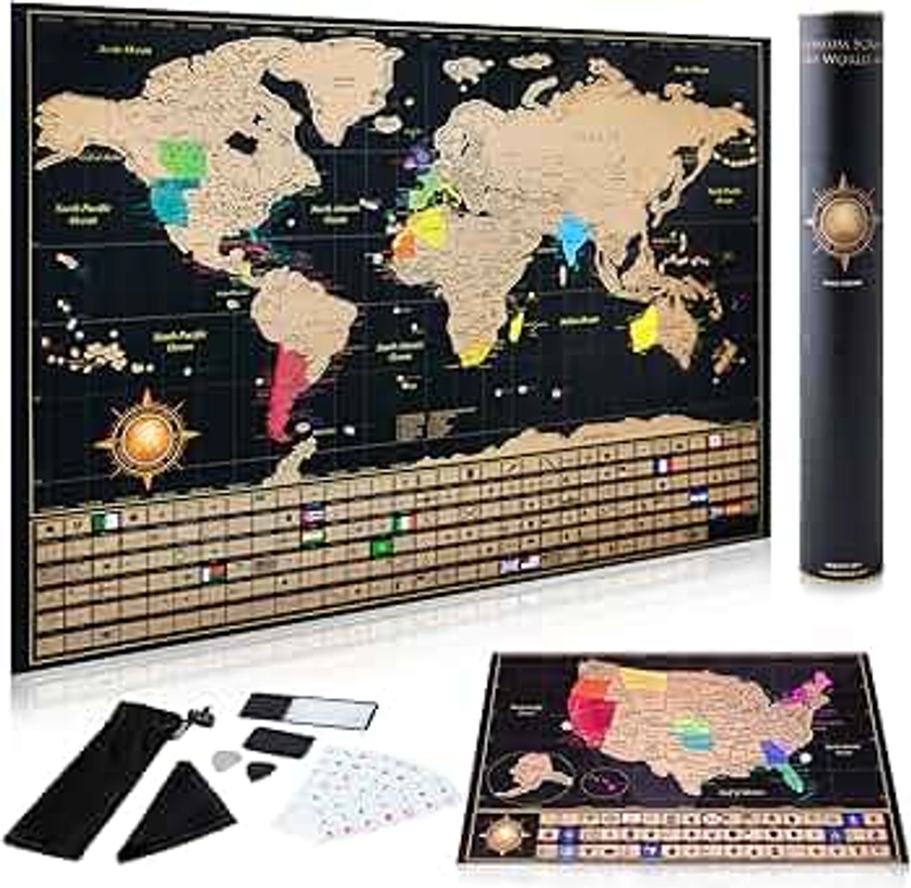 InnovativeMap Scratch Off World Map Poster And Deluxe United States Map – Includes Complete Accessories Set & All Country Flags – Premium Wall Art Gift for Travelers, Map of the World (Travel)