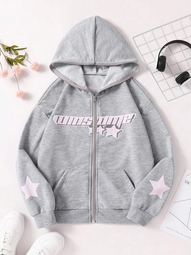 Teen Girl Spring/Autumn Casual Hooded Zip-Up Sweatshirt With Star And Letter Print