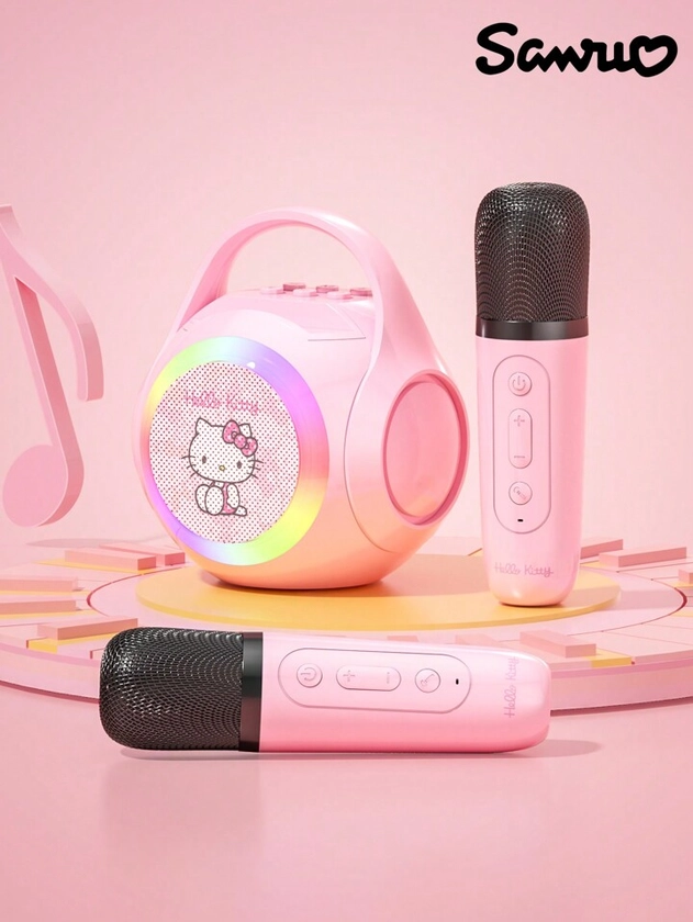 SANRIO HelloKitty ML-02 Cuffia senza fili e microfono combo cartoni animati carino, suono stereo a volume elevato, luci RGB, karaoke, lunga durata di riproduzione, prima educazione, portatile, altoparlante senza fili multifunzione con microfono incorporato