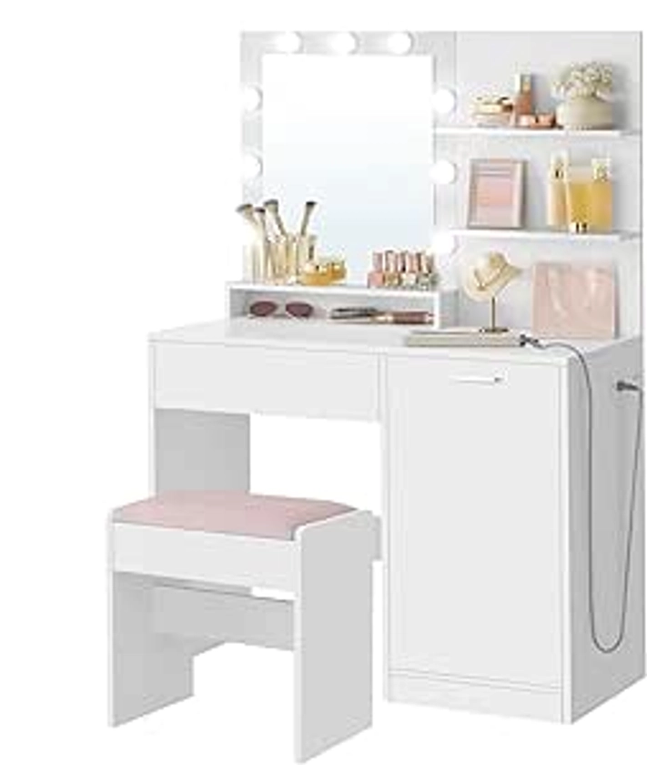 Amazon.com: VASAGLE Vanity Desk with Mirror and Lights, 35.4-Inch Wide Makeup Vanity with Upholstered Vanity Stool, Power Outlets, Dimmable LED Lights, Storage Drawer, for Bedroom, Cloud White URDT128W01 : Home & Kitchen