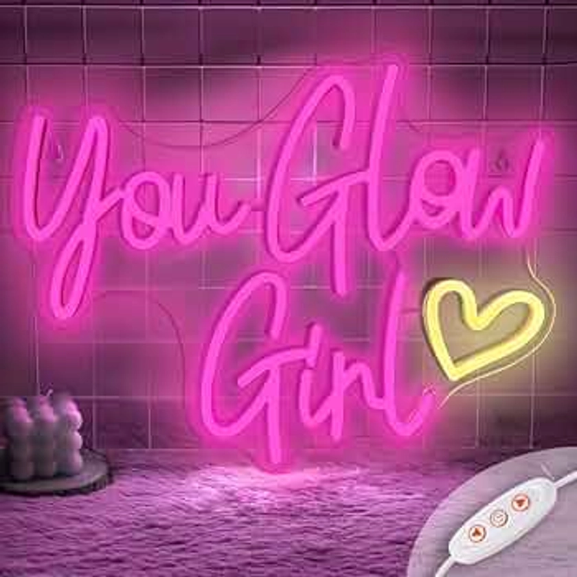 You Glow Girl Neon Sign, Pink Neon Lights for Wall Decor, Dimmable Light Up Letters Sign USB Powered Led Wall Light for Bedroom Bar Shop Birthday Party, Gift for Girls