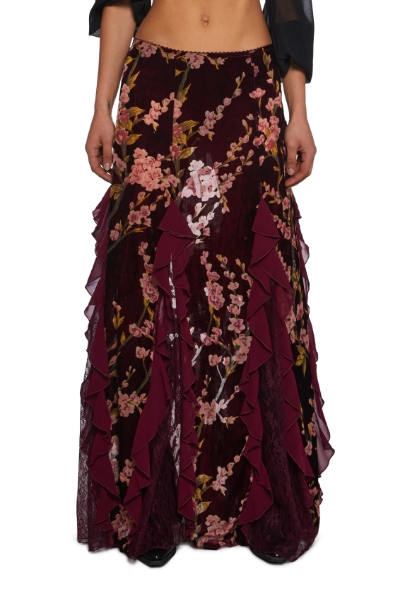 Velvet Lace Floral Print Maxi Skirt Current Mood - Burgundy