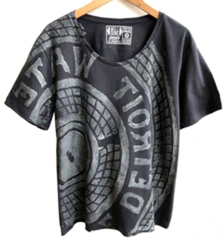 Manhole Cover Wide Neck T-Shirt, Detroit Tire Print. Dark Grey - Well Done Goods, by Cyberoptix