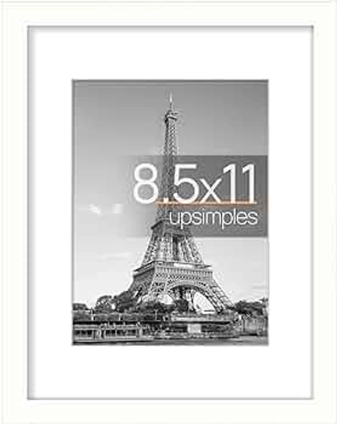upsimples 8.5x11 Picture Frame, Display Pictures 6x8 with Mat or 8.5x11 Without Mat, Wall Hanging Photo Frame, White, 1 Pack
