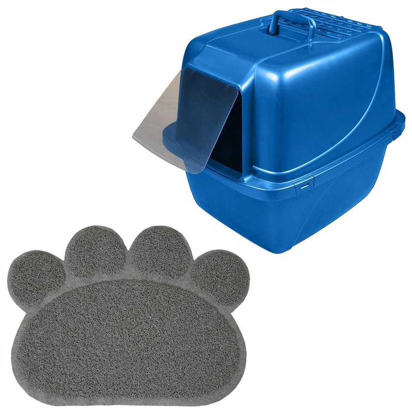 Van Ness Enclosed Cat Litter Pan & Frisco Paw Shaped Cat Litter Mat