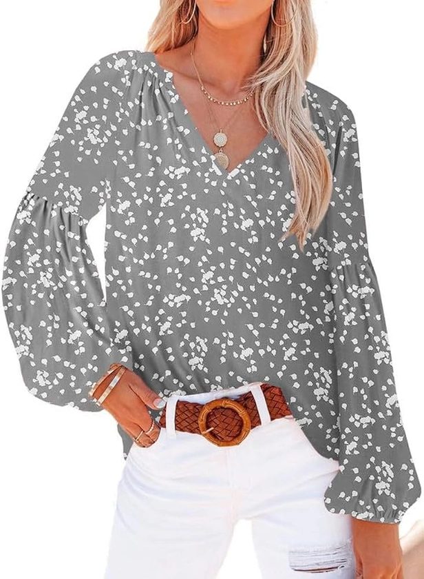 SHEWIN Women's Casual Boho Floral Print V Neck Long Sleeve Loose Blouses Shirts Tops