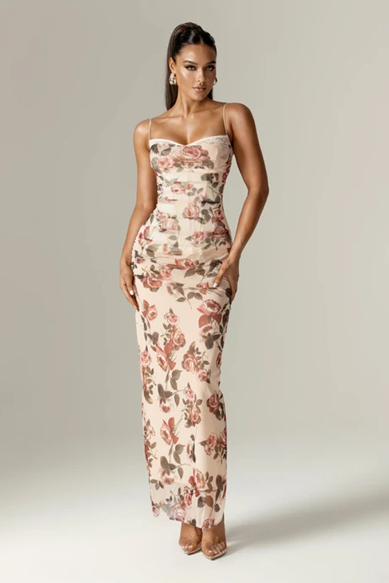 Evita Italian Rose Print Corset Maxi Dress (Rose Print)